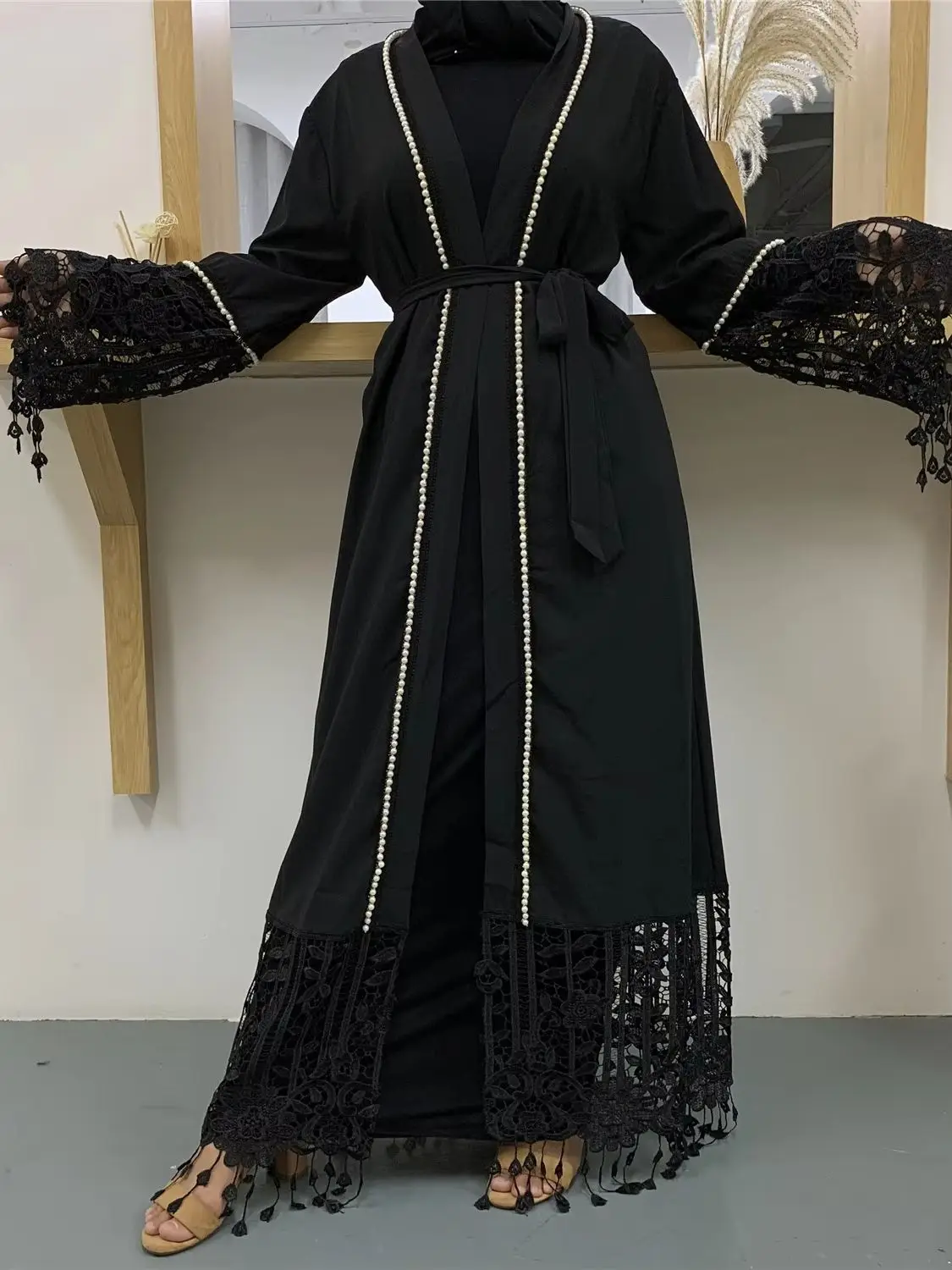 

Ramadan Eid Dubai Fashion Muslim Dress Diamond Beading Islamic Abaya Dress Kaftan Lace Tassel Stitching Muslim Lace Abaya wj1057