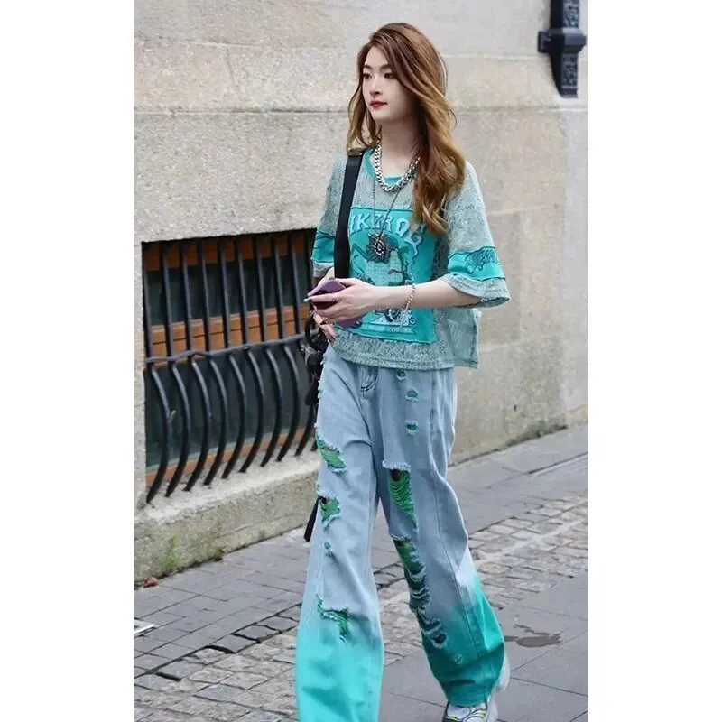 

2025 Summer New Style Versatile Casual Splicing Round Neck T-shirt Top Women's Fashion High Waist Jeans Two Piece Sets