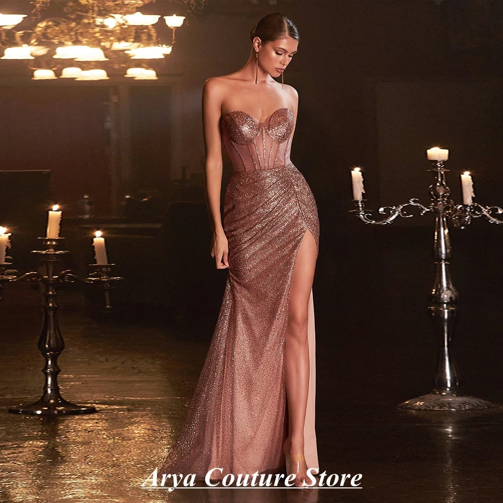 Modern Lavender Formal Evening Dress Strapless Sequin Mermaid Long Floor Length With Slit Party Dress Prom Vestidos De Noche