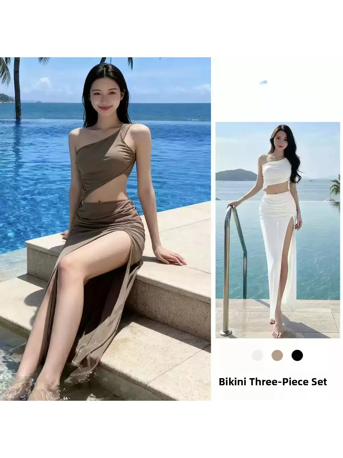 Vacation Fairy Pure Desire Small Chest Gathered Bikini Three Piece Set Sexy Oblique Shoulder Long Dress Women's Swimsuit