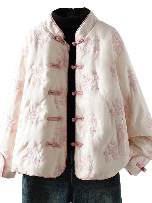Chinese Style Embroidered Cotton Jacket Women's Winter Stand Collar Buttoned Light Thickened Long Sleeve Floral Patterned