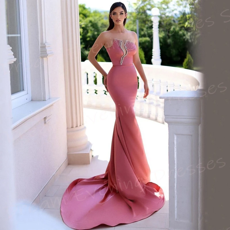 Precioso vestido de noche de sirena rosa para mujer, Sexy sin tirantes, sin mangas, con cuentas, para fiesta Formal