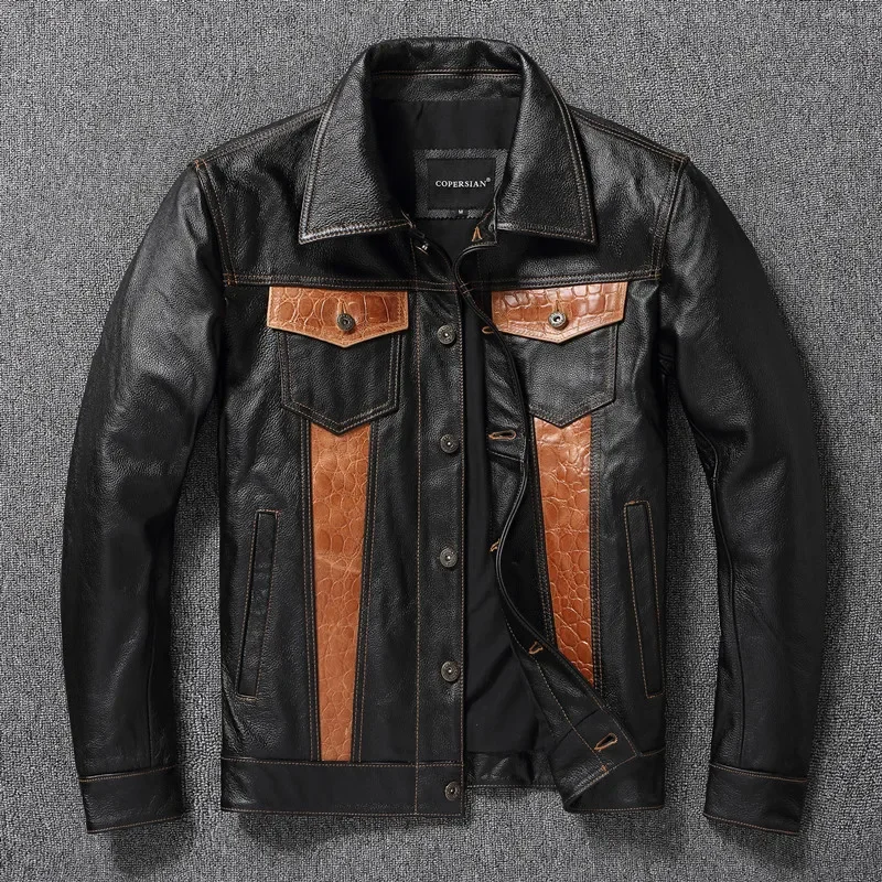 New style pure head layer cowhide stitching color contrast lapel jacket genuine leather leather jacket men's 507 denim style cas