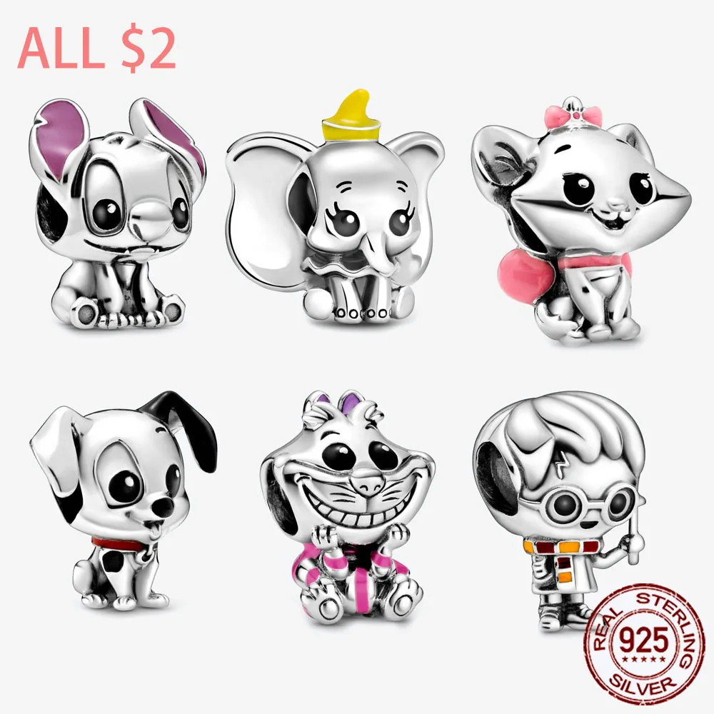 Disney 925 jimat perak murni manik-manik hewan kecil lucu cocok gelang Pandora asli hadiah DIY