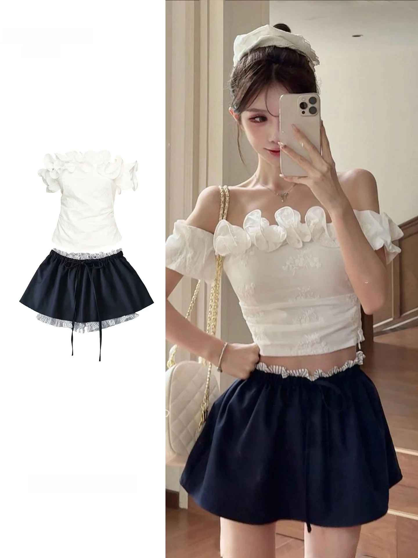 

Sweet Girl High Waist Ruffle Hem Short Skirt Two Piece Set One Shoulder Short Sleeve Top Women's Fashion Summer Outfit