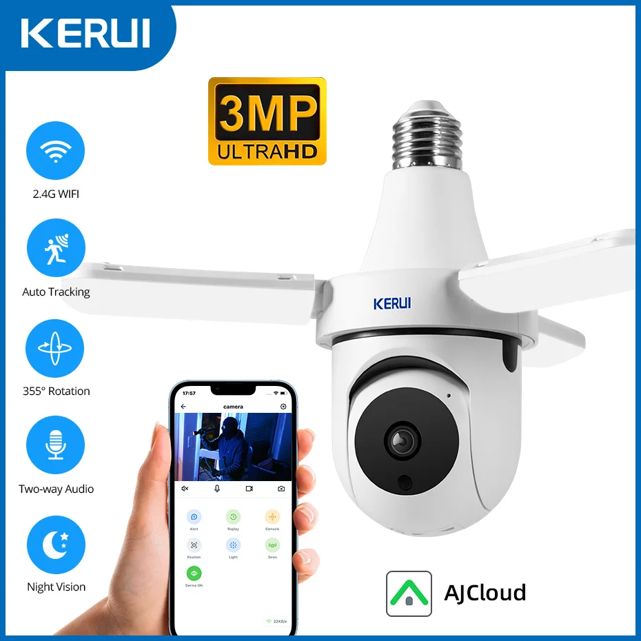 KERUI 2 in 1 Indoor E27 Bulb Camera with LED Light PTZ WiFi IP Camera 2.4G Wireless Home Security Surveillance AI Tracking