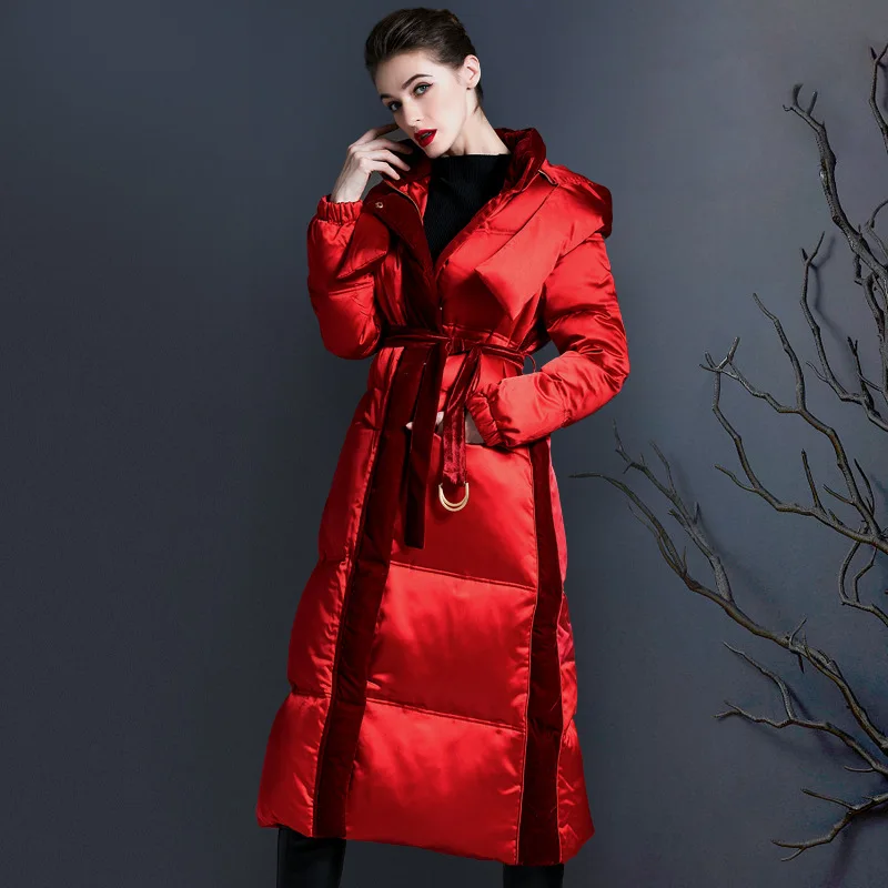 

Luxury High-quality Slim Down Jacket Belt Patchwork White Duck Down Trench Coat Winter Warm Women's Clothing Windproof Outerwear