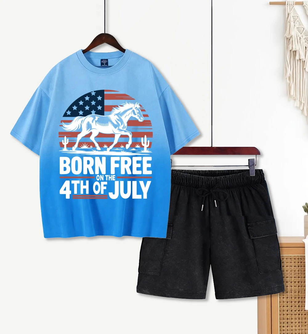 

Женский комплект Born Free On The 4Th Of July: футболка с принтом тай-дай и свободные шорты Y2K с круглым вырезом, летние, с эффектом потертости