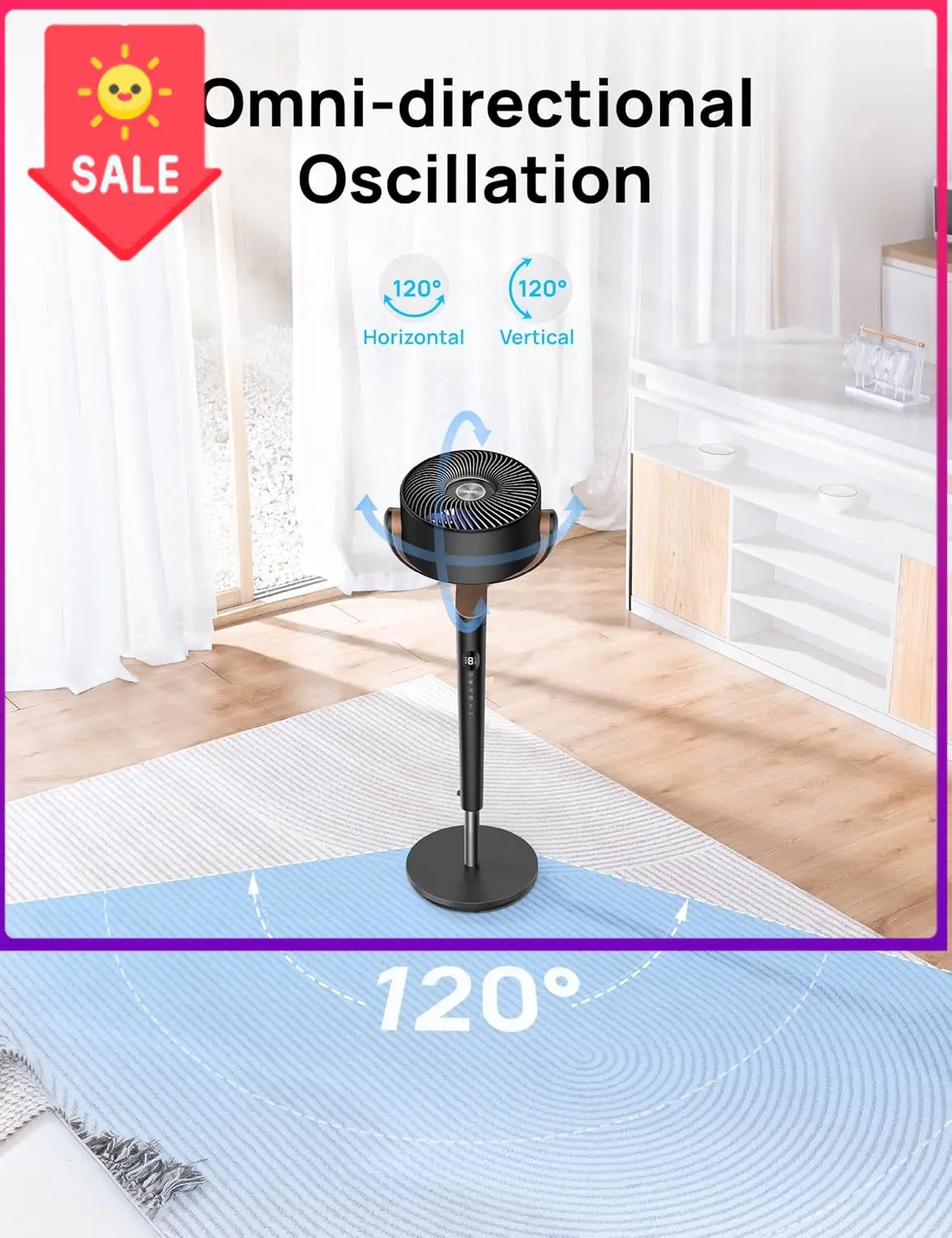 

Sale price Fan for Bedroom, 120°+120°Omni-directional Oscillating Fan, 90ft, DC Motor, 20 dB Quiet Standing Pedestal Fans, 8 Spe