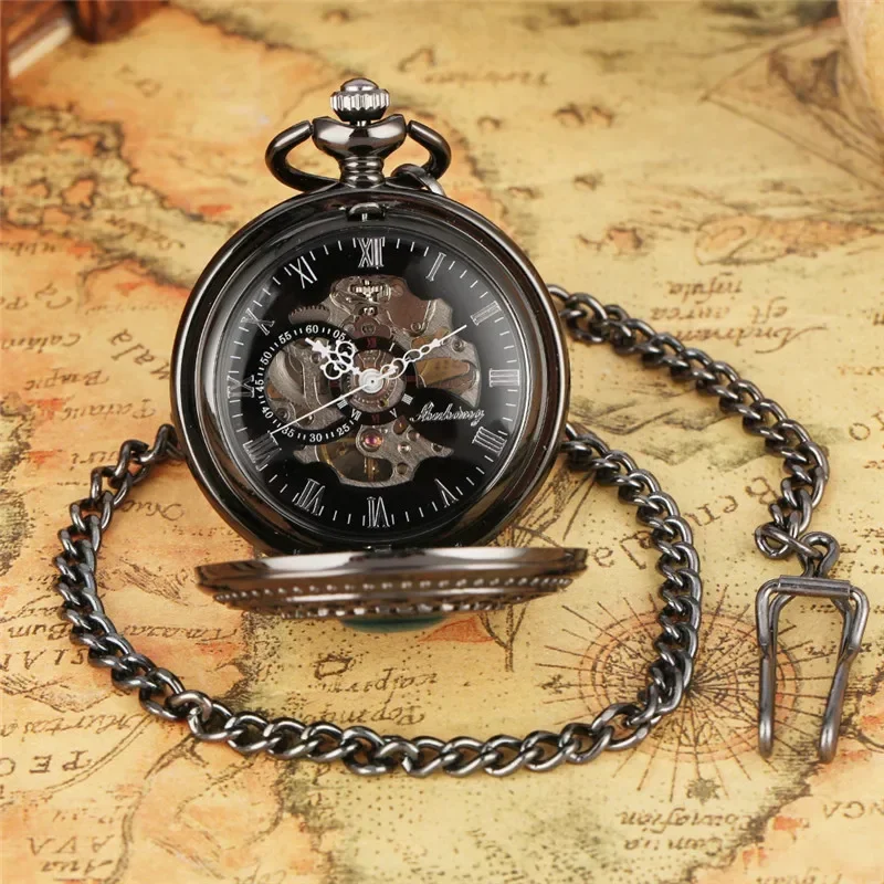 Antique Black Skeleton Handwinding Mechanical Pocket Watch for Mens Womens Blue Crystal Deco Fob Clock with 30cm Pendant Chain