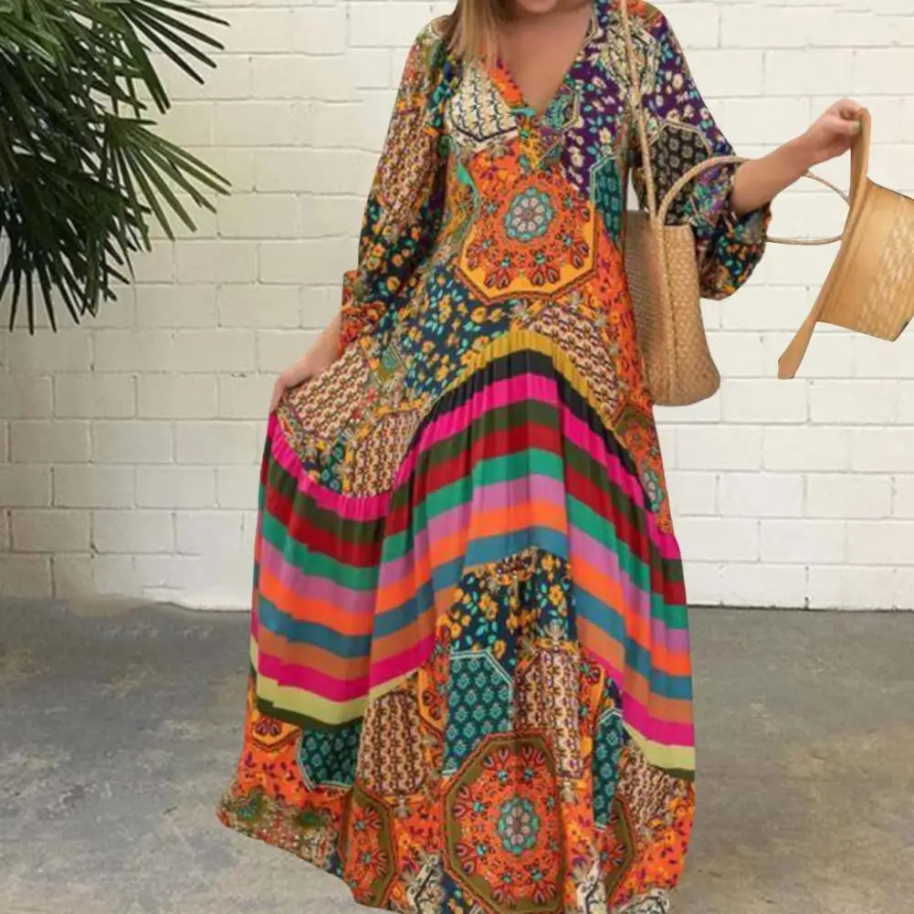 Maxi Dress Fashion Summer Ethnic Print Pattern Oversized Long Dress Anti-pilling Vacation Dress