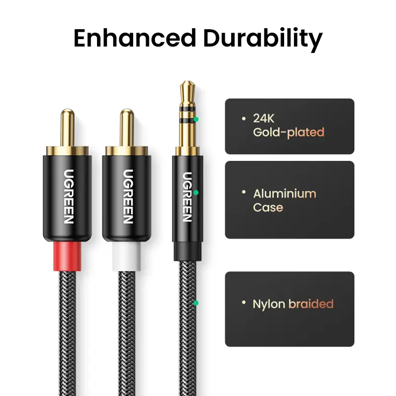 كابل UGREEN 3.5 ملم إلى 2RCA نايلون مضفر محول الصوت المساعد ستيريو Y الخائن الحبل للهواتف الذكية المتكلمين الكمبيوتر اللوحي HDTV MP3 - 5