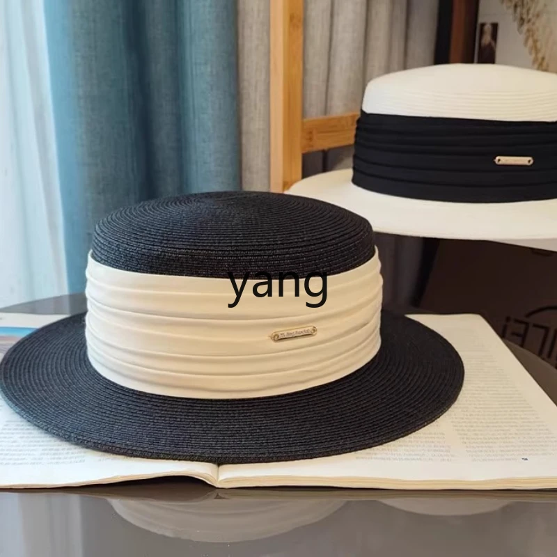 

LMM black and white top hat summer British retro French flat-brimmed straw hat women's big head circumference