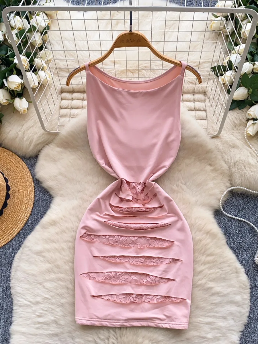 Foamlina อินเทรนด์ Hollow Out Lace Patchwork ชุดเดรสสาวร้อน Cinched เอว Slim Fit Bodycon กระโปรงมินิชุดเสื้อกั๊กสั้น