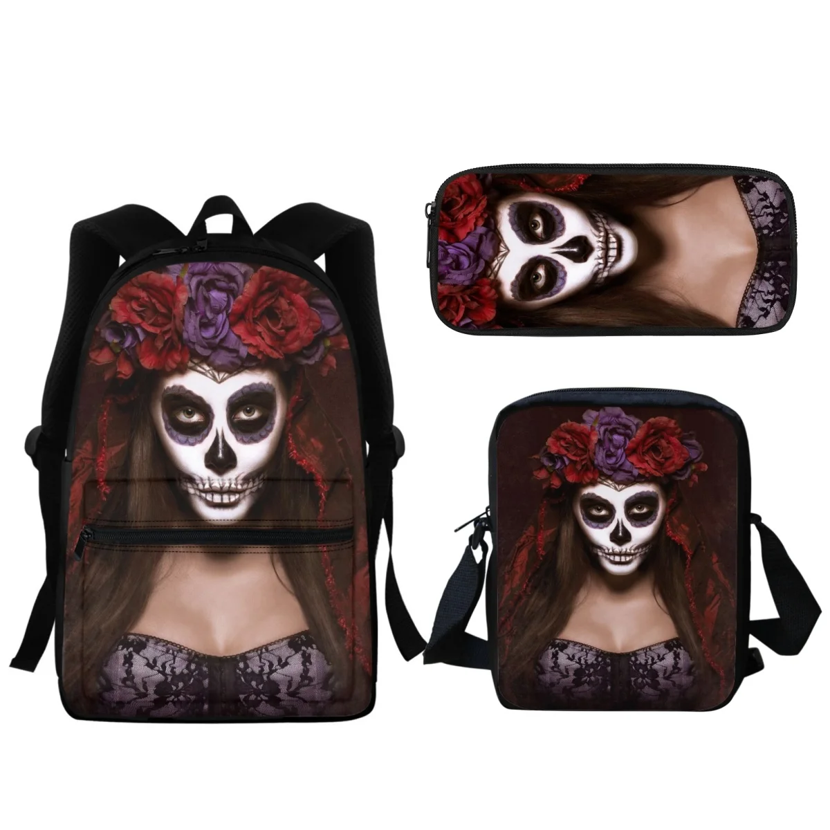 

3PC SchoolBags Back to School Halloween Gift Horror Thriller Skull Rose Girl Design Fashion Backpack Portable Lunch Satchel New