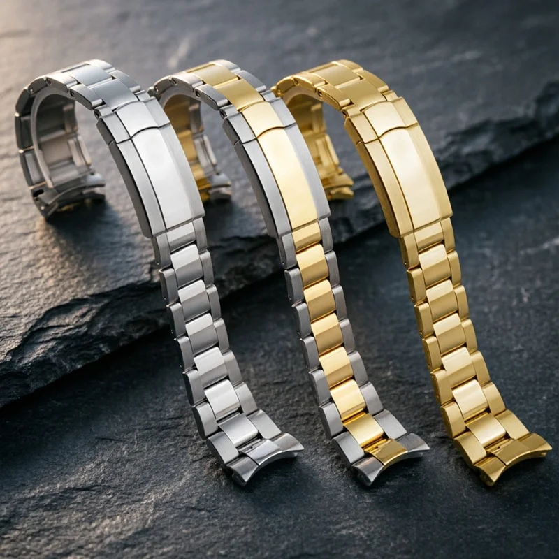 20mm Curved End Solid Stainless Steel Watch Strap, Folding Deployment Clasp Metal Bracelet for 20mm Lug Width Men Wrist Watch