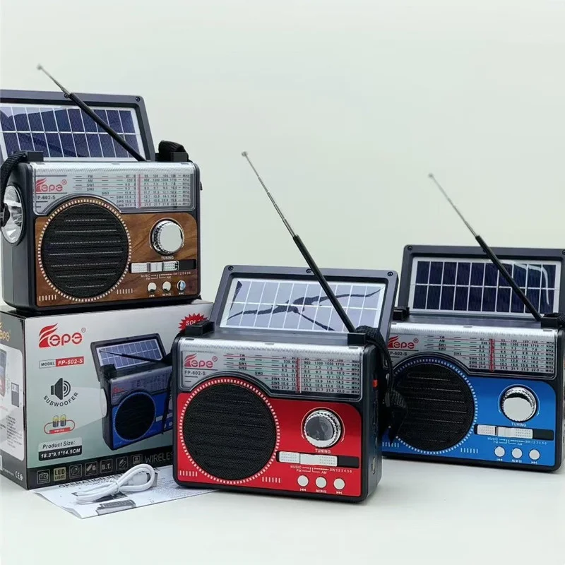 

FP-602-S HIFI Stereo Multi Band Dsp Radio Solar Panel Retro Bluetooth Radio Led Torch Light Dc 3v and Battery Powered USB TF AUX