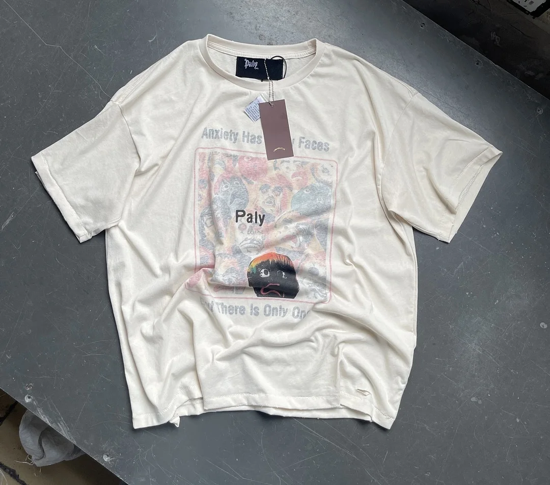 26ss Paly Men Vintage Reversible Distressed Tee Abstract Multi Face Art Graphic Print Oversized Loose Street T-shirt