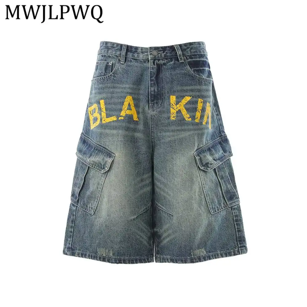 MWJLPWQ American-Style Letter Print Washed Distressed Denim Pants For Men Summer Loose Wide-Leg Multi-Pocket Work Shorts 16908