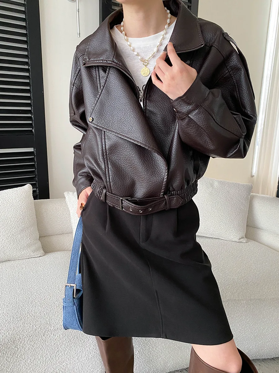 Autumn and winter women's casual solid color American retro PU leather lapel motorcycle silhouette leather jacket
