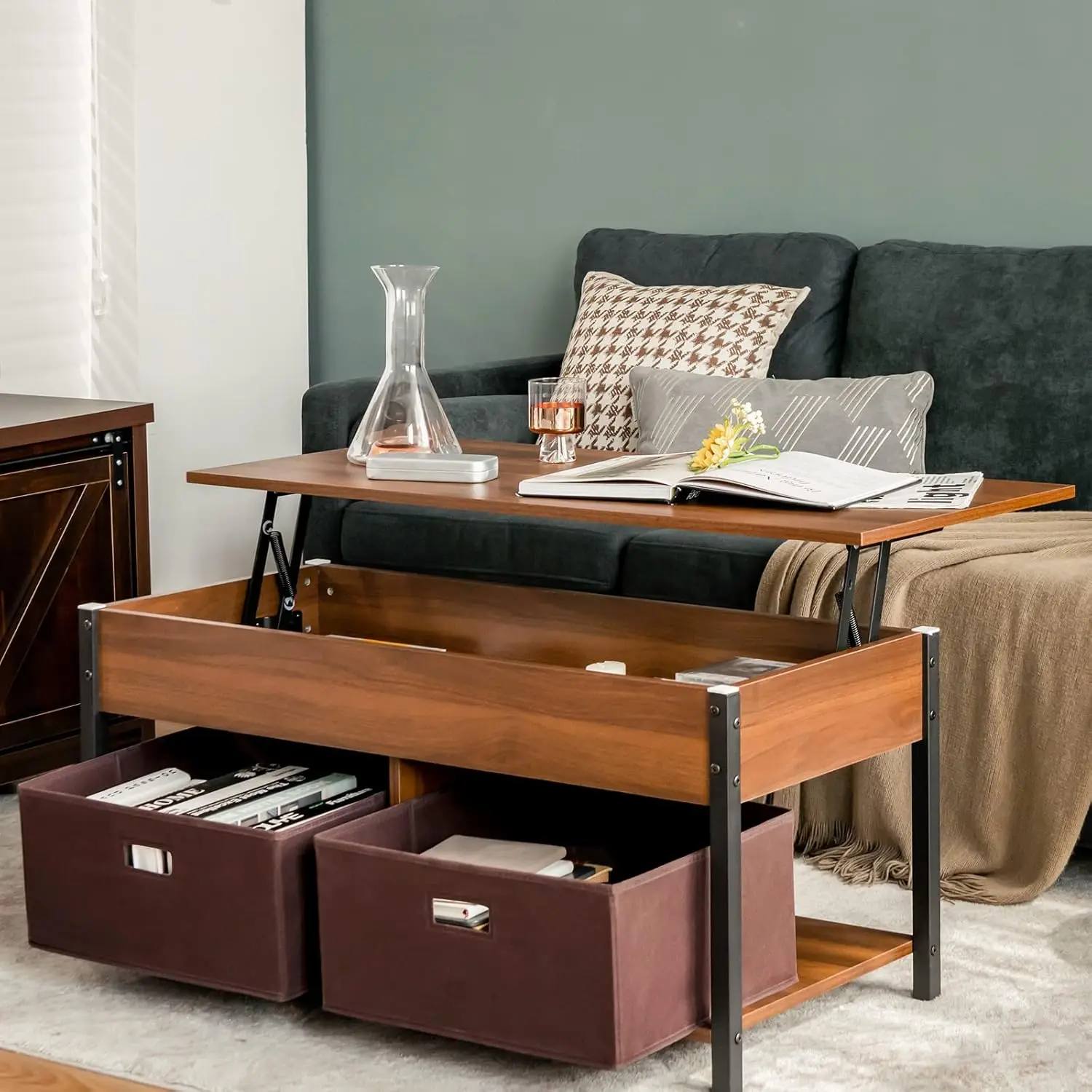 Central Table with Lifting Tabletop, Concealed Compartment & 2 Folding Fabric Drawers, Home Living Room Furniture (Brown)