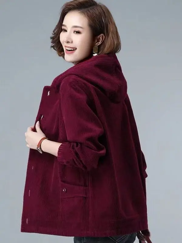 Autumn Winter Light Corduroy Jacket Women's Loose Fit Slimming Middle-Aged Mom Casual Style Long Sleeve Hat Design Coat