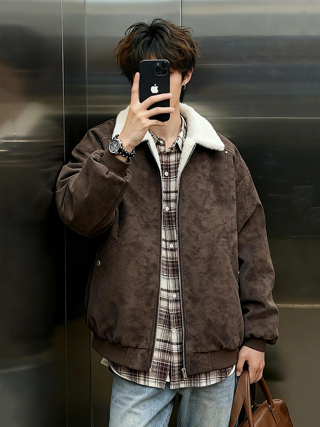 

Thiened Winter Cotton Jaet Men's ort Sle Lamb Velvet PU Leather Warm Coat Youth Casual Faion Winter Outerwear