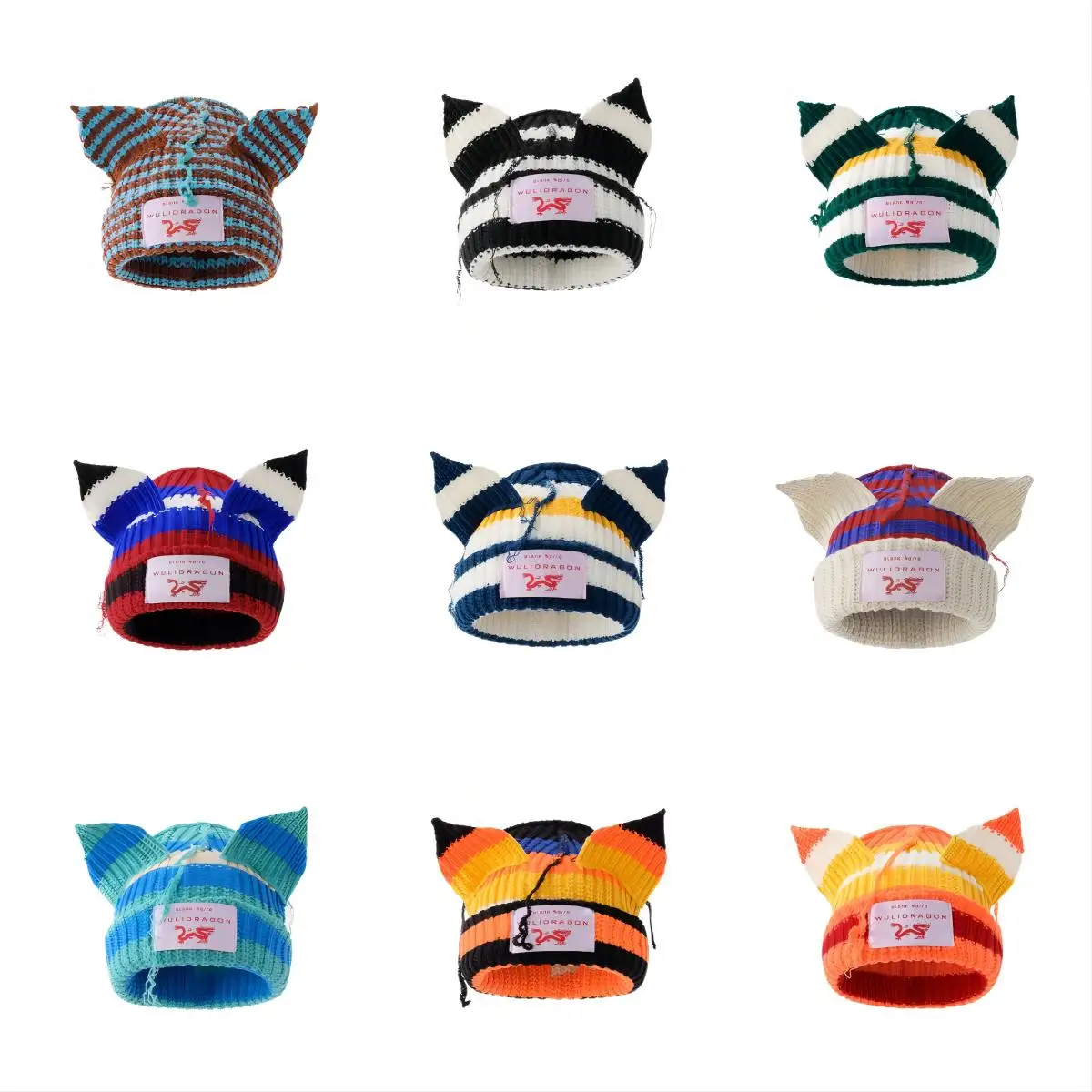Stripe Hat Niche Design Personalized Cat Pig Ears Knitted Wool Hat Cute Warm Winter Hats for Men Women Loverboy Beanies Skullies