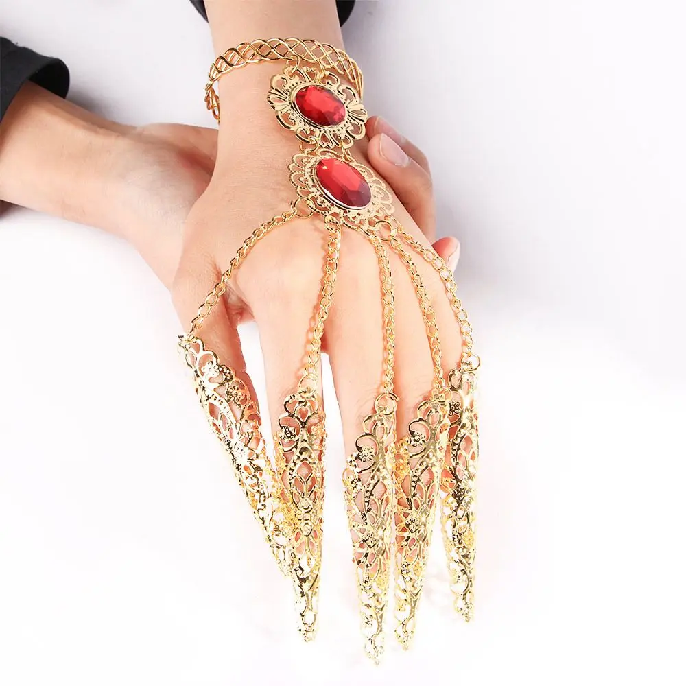 Fashion Indian Thai Golden Finger Bracelet Shining Red Gem Girl's Belly Dance Bracelet Jewelry Gift