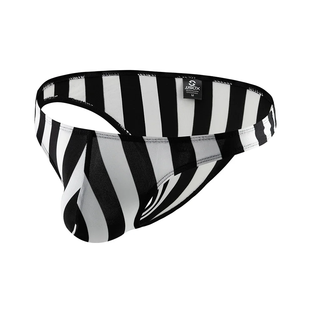 Men\'s Elastic Breathable Black White Striped Low Rise Bulge Pouch Briefs Swimwear Bikini Thong Underwear Man Underpants