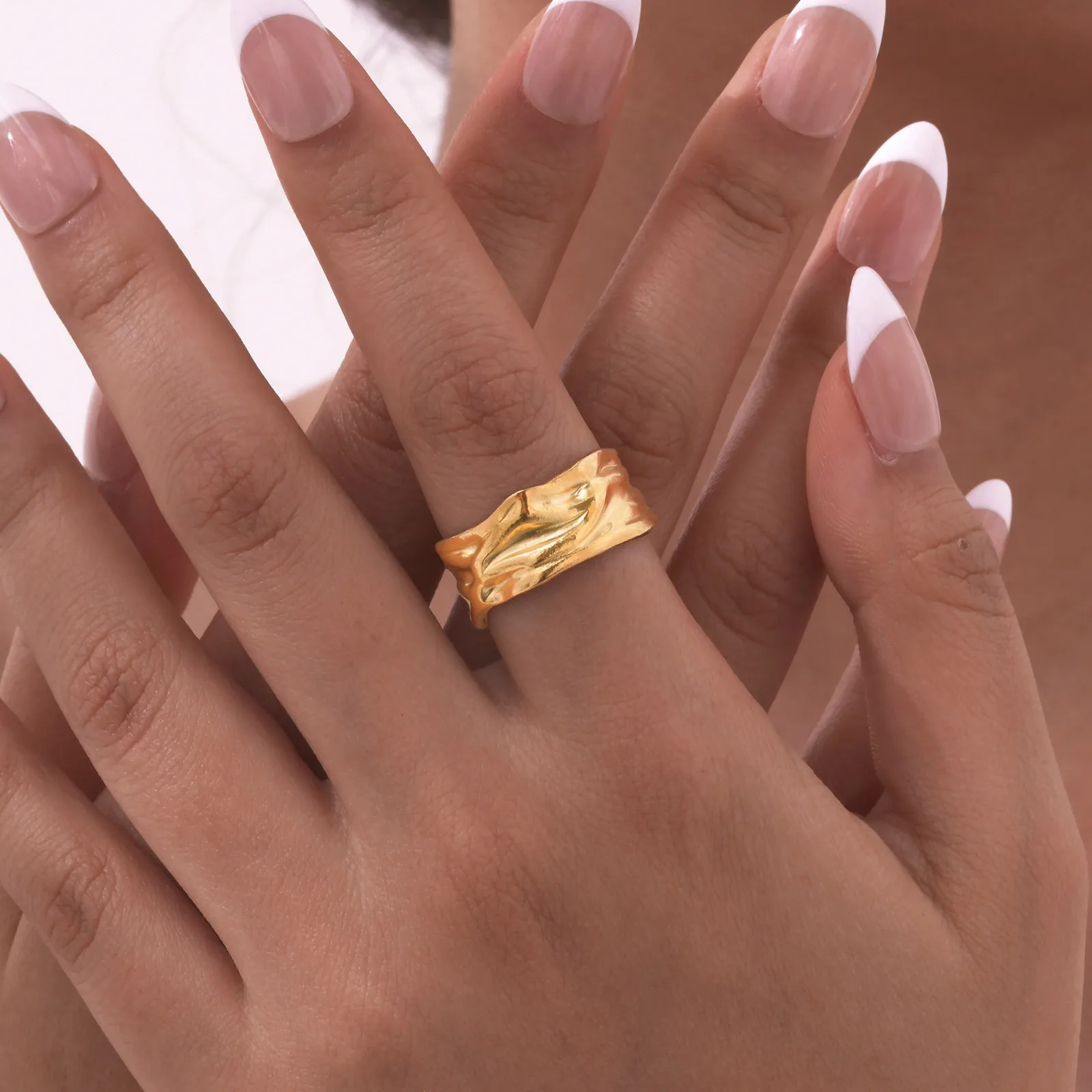 Prjewel Vintage Irregular Textured Opening Ring for Women Trendy Jewelry Gift Gold Color Stainless Steel Geometric Wedding Rings