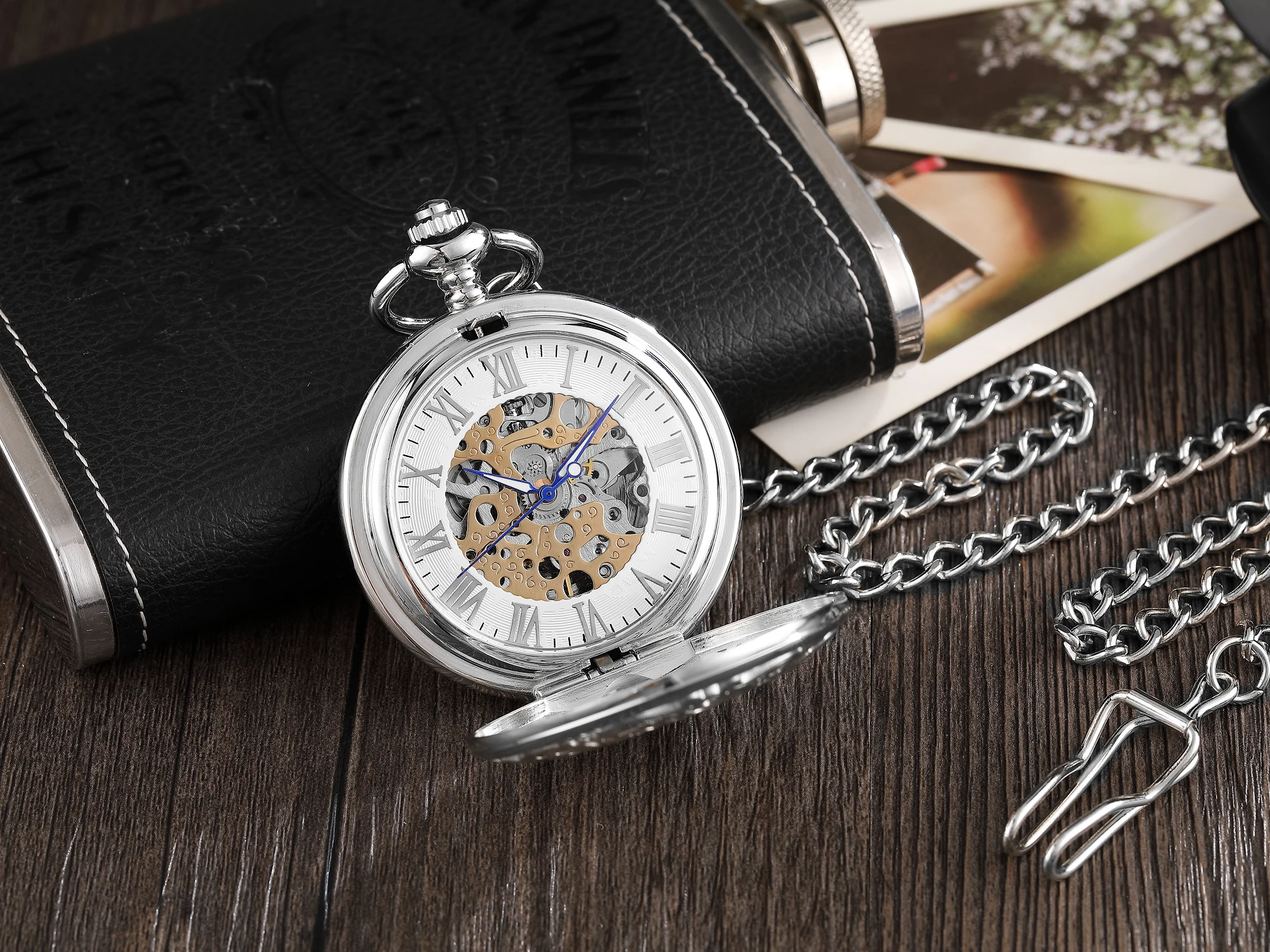 Silver Hand Winding Full Steel Pocket Watches Fashion Unique Skeleton Transparent Mechanical Pocket Watch Fob Chain Reloj Hombre