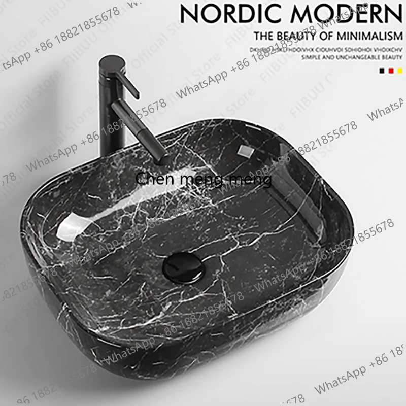 Rectangular Ceramic Table Sink Black Stone Pattern Wash Basin Bowl Boat Shaped Above Counter Vessel Sink For Bathroom Balcony