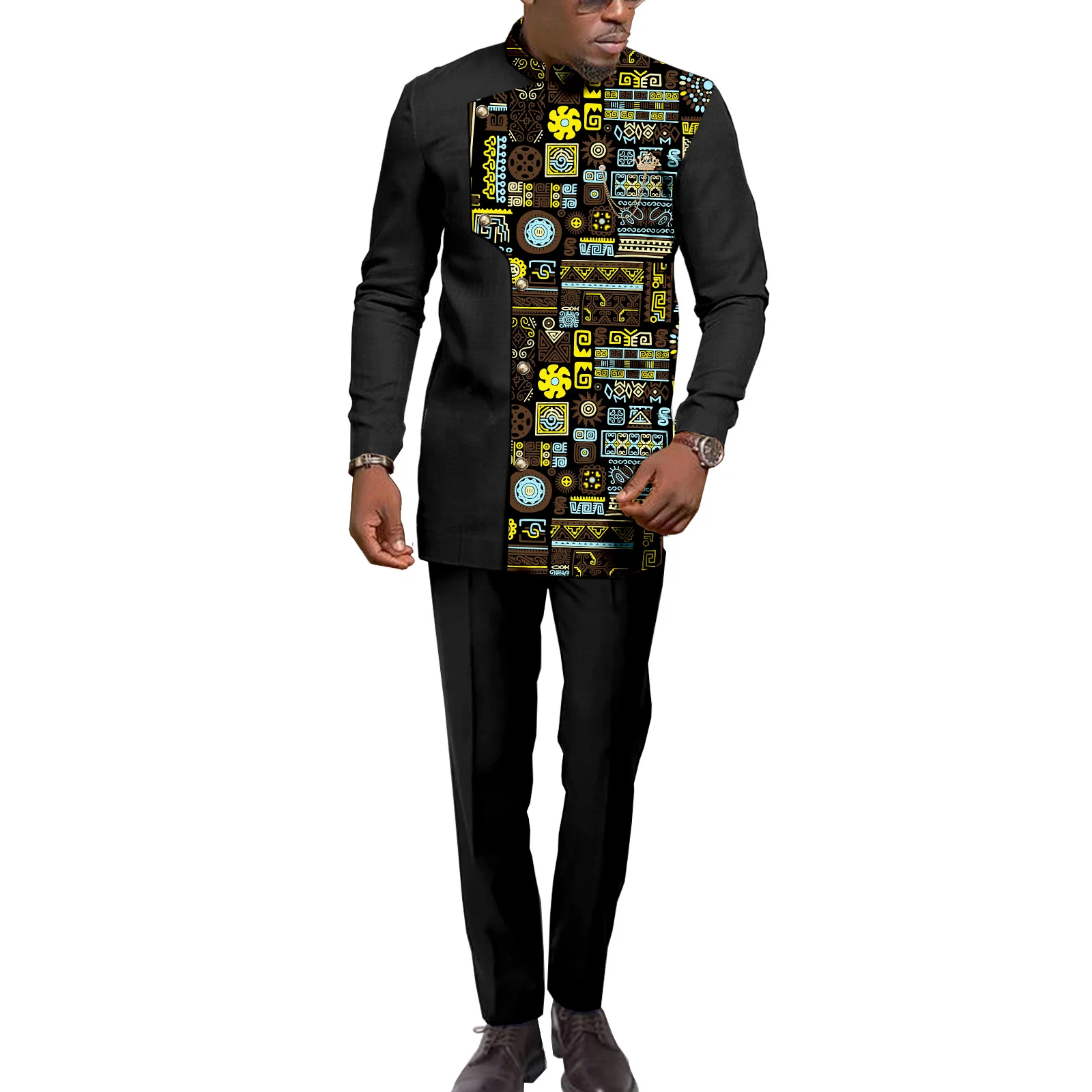 

SEA&ALP Dashiki for Men African Suit Jacket Outfit Traditional Attire Jacquard Shirt and Pants Two Piece Set