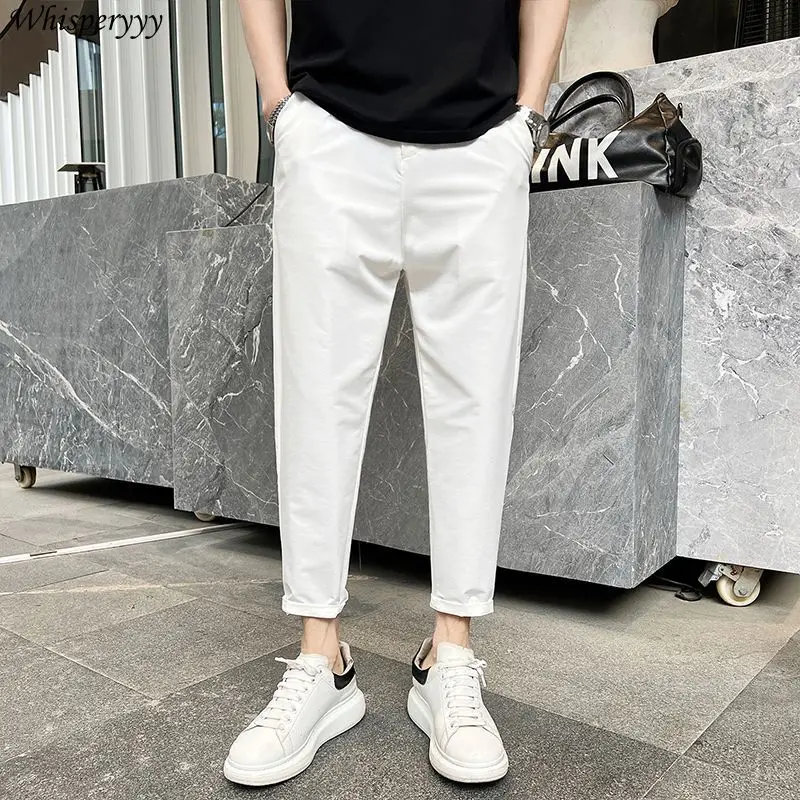 Spodnie męskie letnie cienkie proste nogawki spodnie na co dzień dziewięć punktów obcisłe spodnie męskie kieszenie Pantalones Harajuku spodnie w jednolitym kolorze