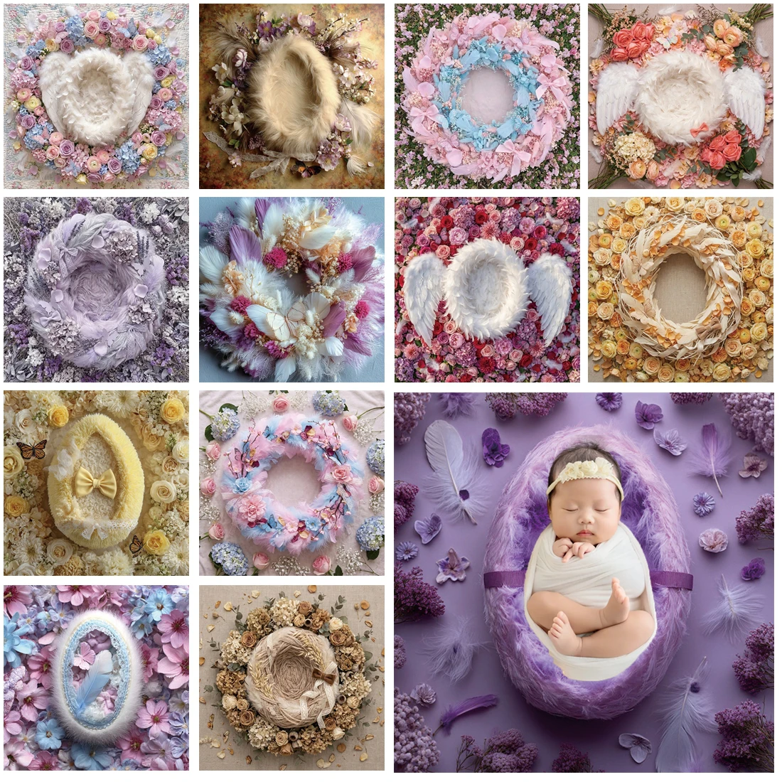 

MOON.QG Angel Wing Floral Wreath Birthday Background Backdrop Baby Shower Photography Accessories Shooting Poster Wallpaper