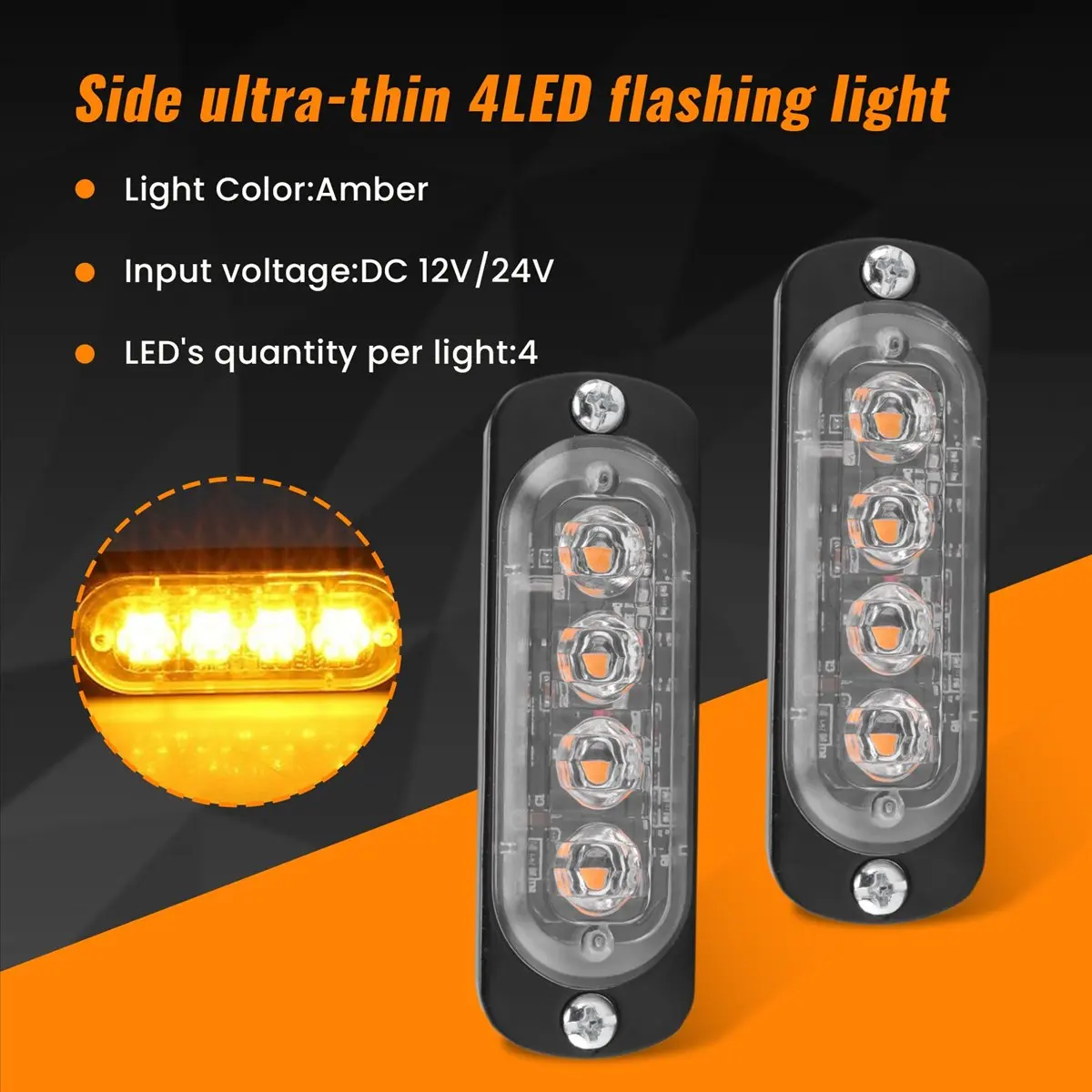 4Pcs 4 Led Amber Recovery Strobe Lights 12V 24V Orange Grill Flashing Main in Car Light