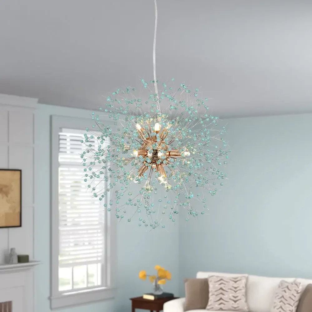 Modern Crystal Dandelion Chandelier for Bedroom Living Room Green Nordic Firework Pendant Light LED Sputnik Chandelier Silver