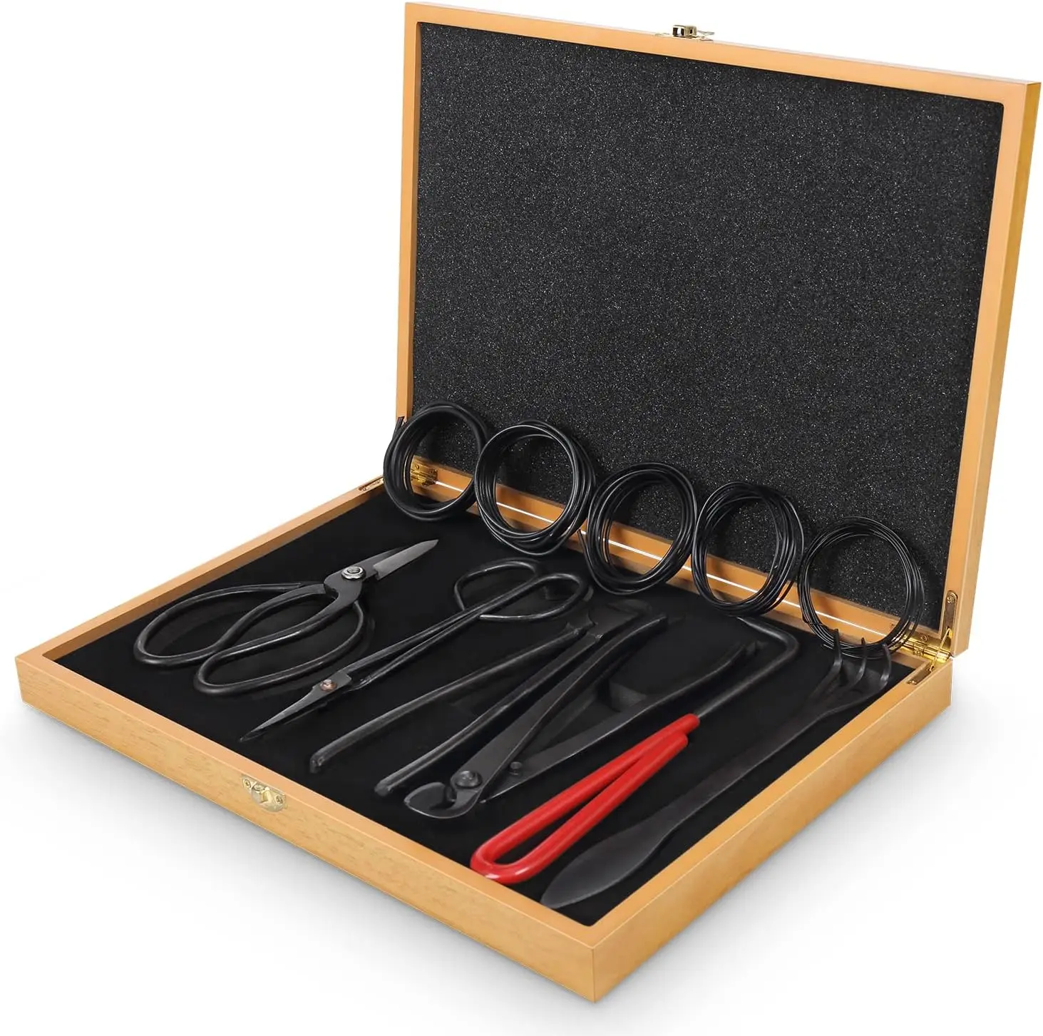 Bonsai Tools Set With Wood Box 12Pcs Heavy Duty Bonsai Tree Kit, Trimming Scissor Shears, Concave Cutter, Wire Rolls, Wire