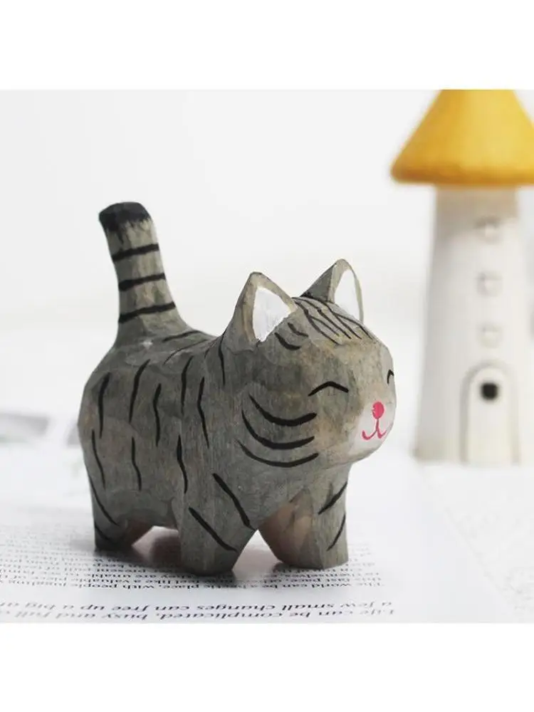 Joli chaton sculpté sur bois fait à la main, ornements, petit Animal créatif, décoration de bureau en bois pour chat, artisanat, fournitures ménagères