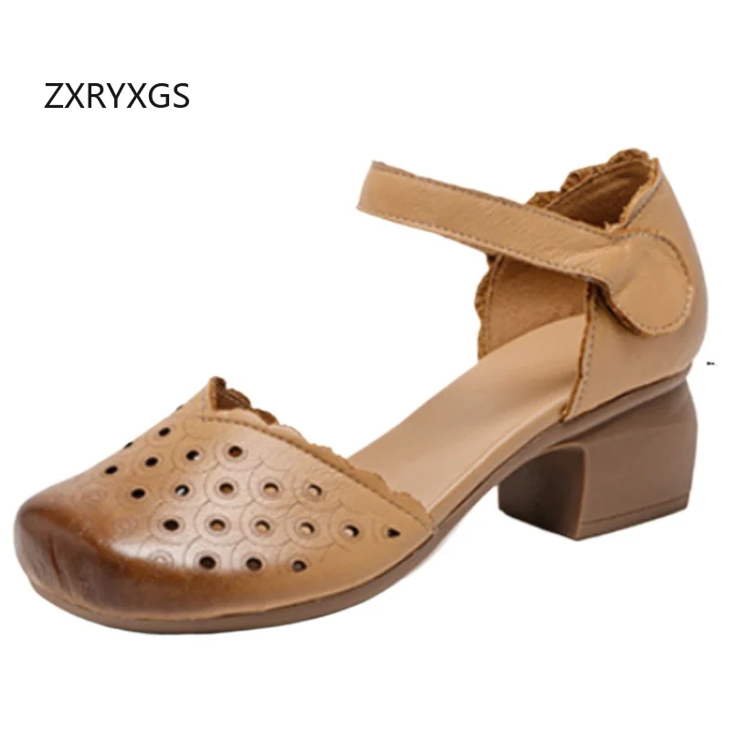 

ZXRYXGS 2026 New Summer Top Cowhide Leather Sandals Elegant Temperament Round Toe Side Open Women Banquet Sandals Trendy Shoes