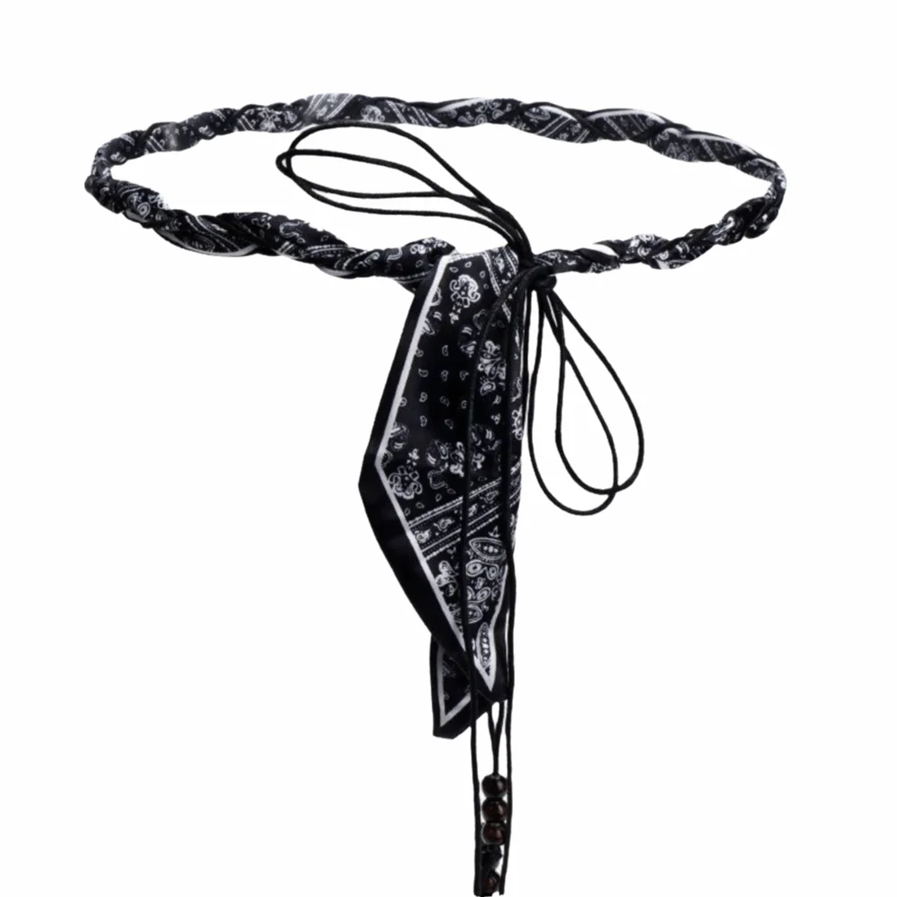 Bohemian Style Silk Scarf Woven Belt Wood Bead Tassel Braided Detail Flower Waist Chain Lace Up Design Skinny Necktie