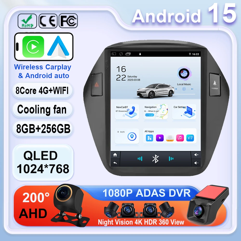Car Radio Carplay 9.7 Inch For Hyundai IX35 Tucson 2009-2015 Navigation GPS Android Auto Stereo Screen 5G Wifi No 2din Unit Cam