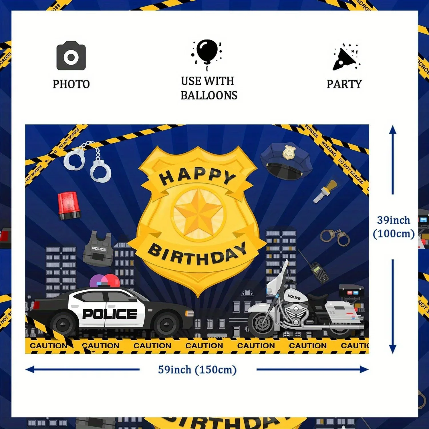 Police theme birthday party background props, black, blue, yellow, police car banner, background cloth