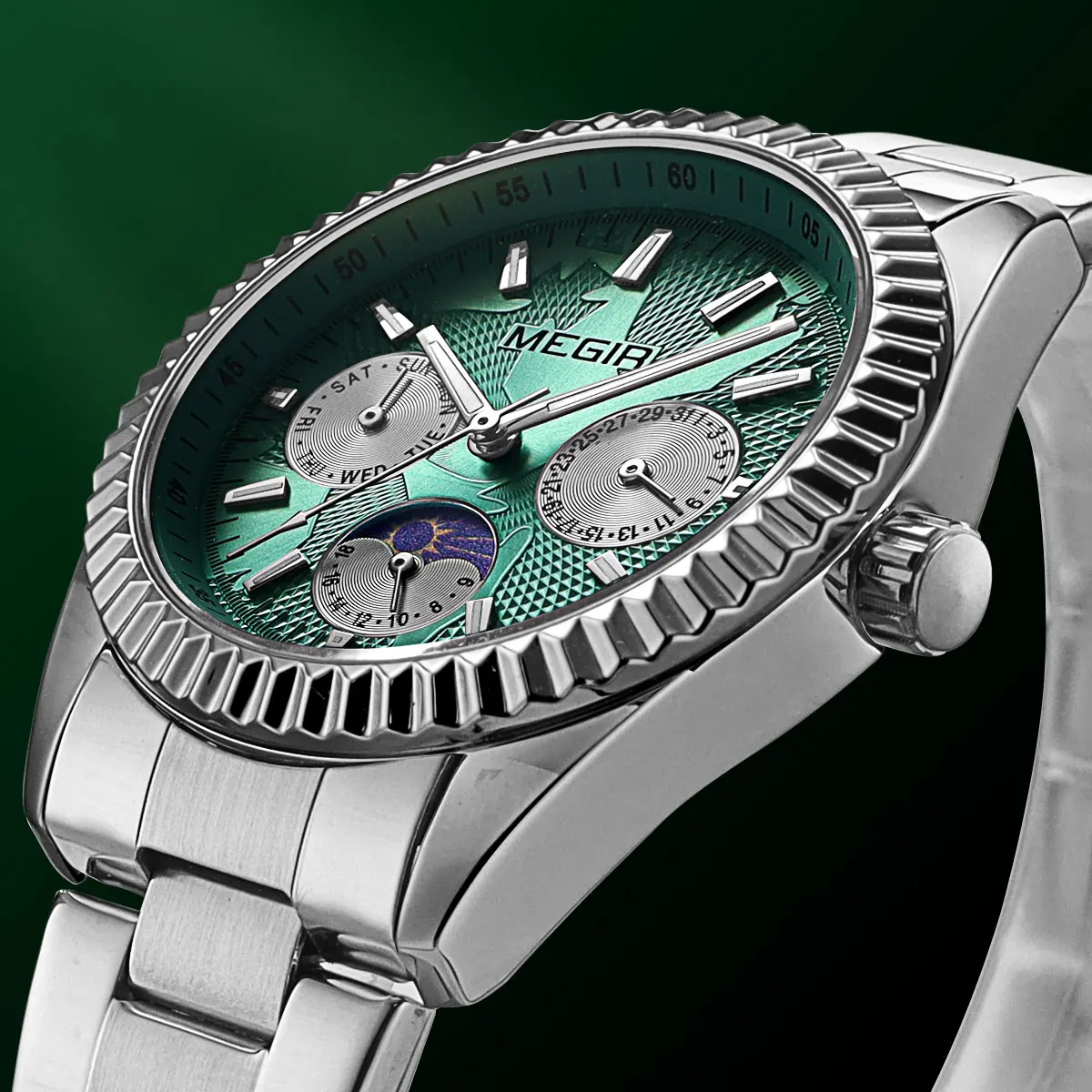 MEGIR Fashion Quartz Watch for Men Luminous Business Wristwatch with Day Date & 24-Hour Moon Phase Function Stainless Steel Band