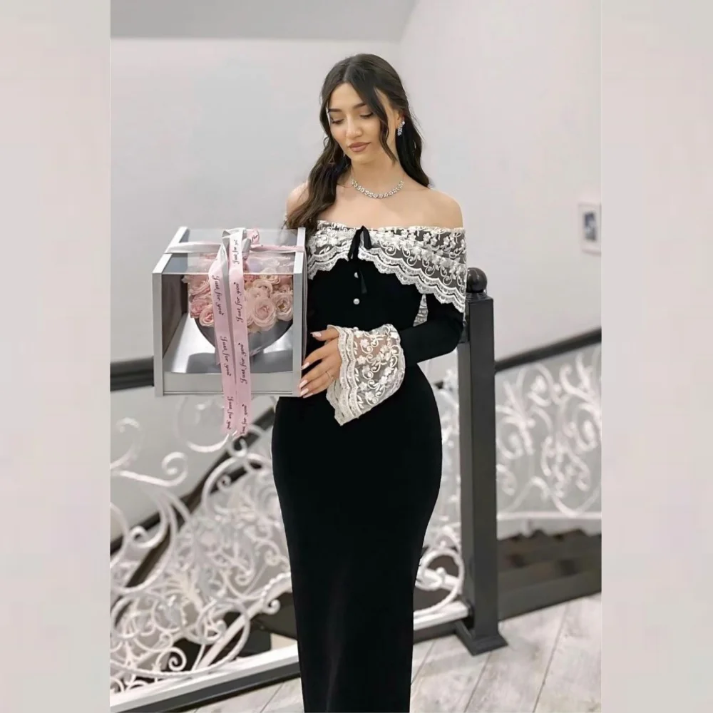  Jersey Applique Ruched Valentine's Day A-line Off-the-shoulder Bespoke Occasion Gown Midi Dresses Prom 