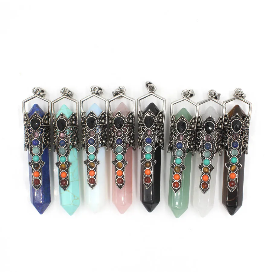 

Chakra Crystal Pillar Quartz Pendants Pendulum Natural Stone Reiki Charms Fashion Jewelry Wholesale 10pcs