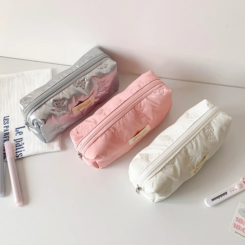 Waterproof Bowknot Pencil Case Pen Pouch Organizer Simple Solid Color Pencil Bag Student Stationery Storage Bag Multi-Functional