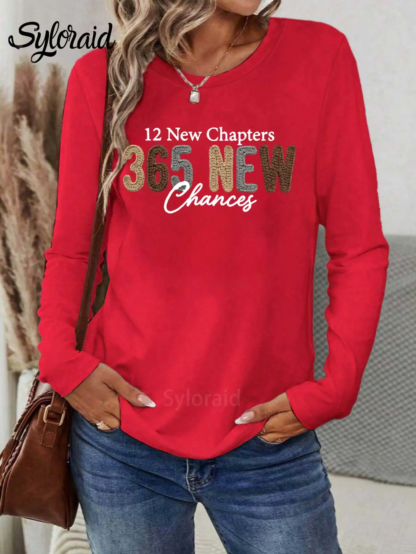 여성용 긴 소매 티셔츠 '12 New Chapters 365 New Chances' 프린트 티셔츠 패션 라운드 넥 캐주얼 탑