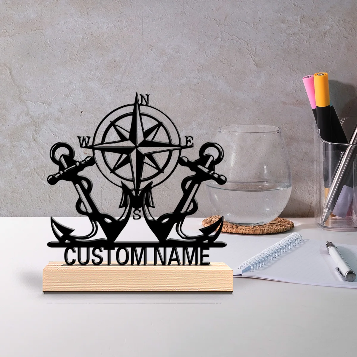 1pc Fun Personalized Custom Ship Anchor Compass Metal Statues Nautical Wooden Base Wall Art for Sailors Beach Houses Coastal